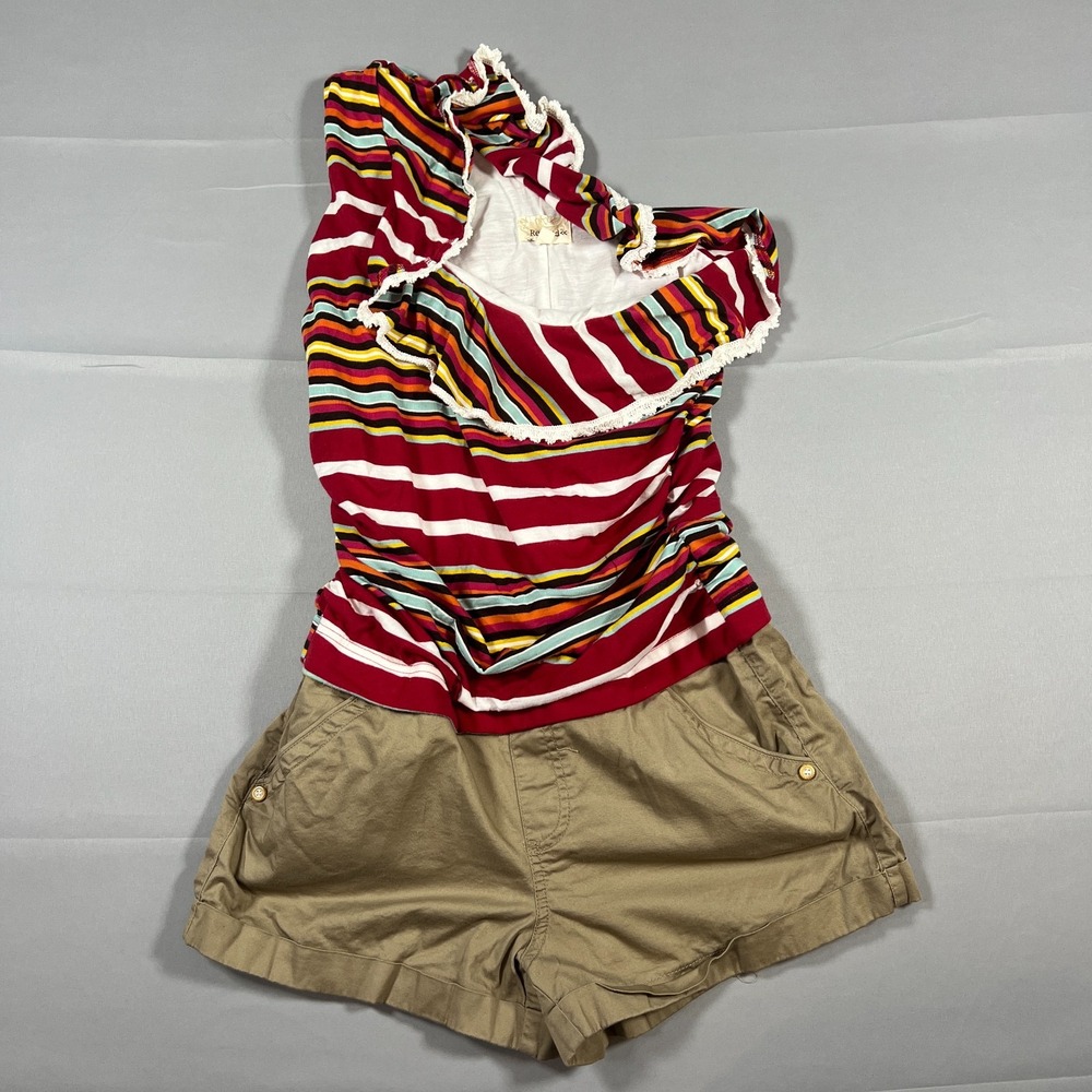 Rewind One Shoulder Romper Womens XL Multicolor Striped Cotton Lace Trim Ruffled